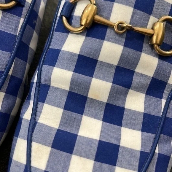 GUCCI Princetown White and Blue Gingham Loafer Mules Size 37.5 - Picture 6 of 7